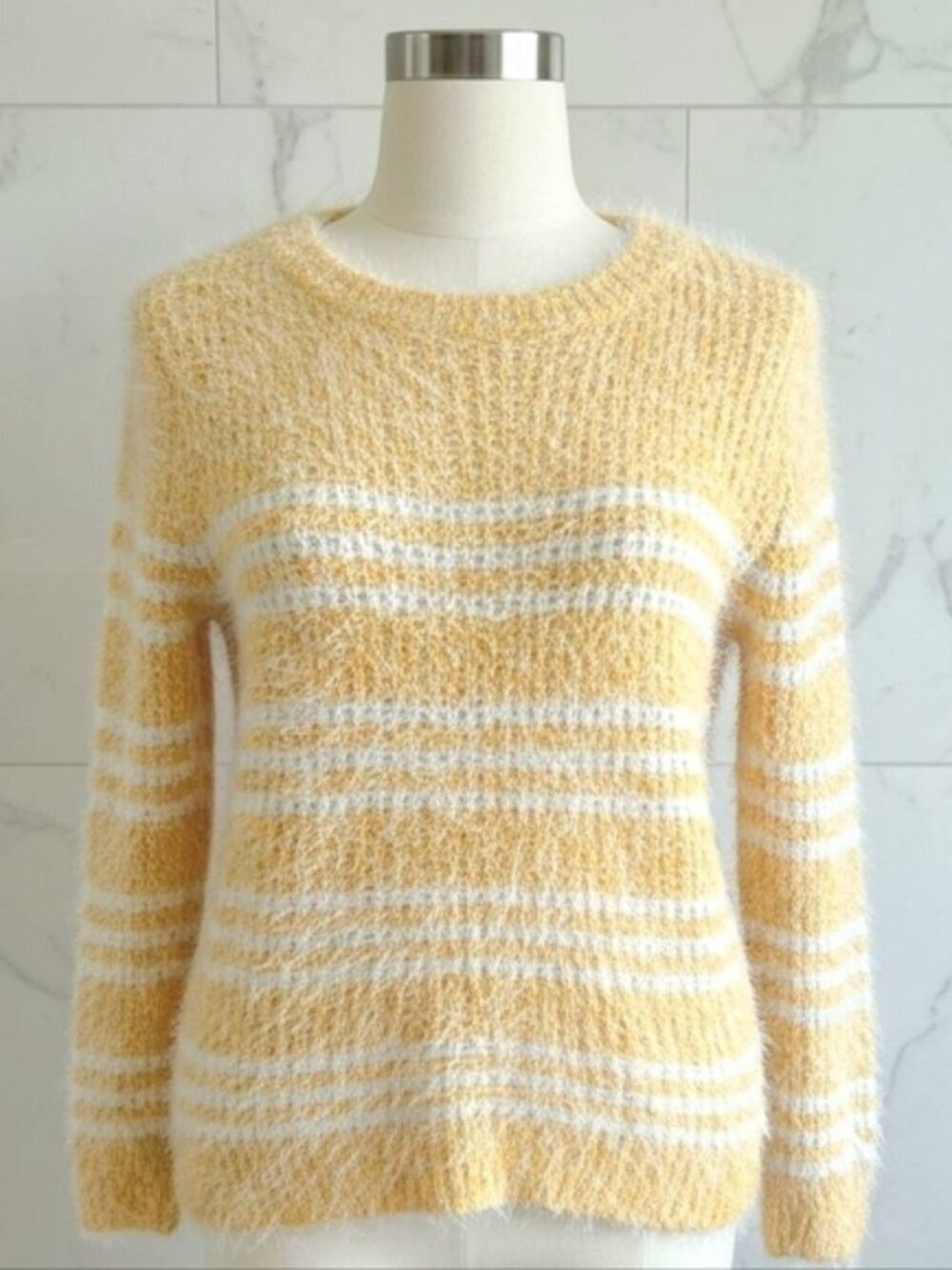 XY Fashion Fuzzy Striped Crewneck Sweater Cottagecore Preppy Butter Yellow S/M - Picture 3 of 16